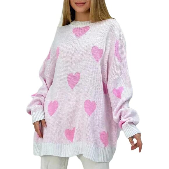 Women Heart Print Sweater Knit Long Sleeve Crew Neck Casual Top - Picture 1 of 2